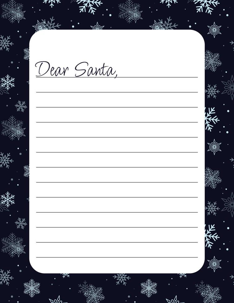 lettera modello, carta intestata, lettera foglio per Santa Claus con i fiocchi di neve e neve su buio blu sfondo vettore