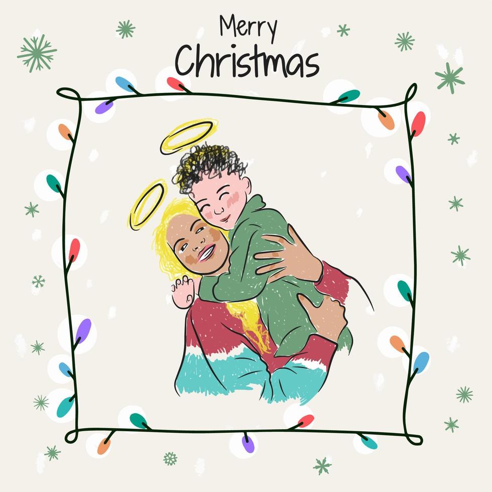 allegro Natale, mano disegnato illustrazione di un' giovane madre nel un' luminosa maglione e figlio, famiglia vettore