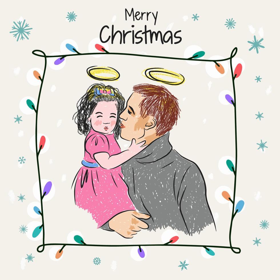 allegro Natale, mano disegnato, illustrazione di un' giovane padre con il suo figlia nel il suo braccia, famiglia vettore