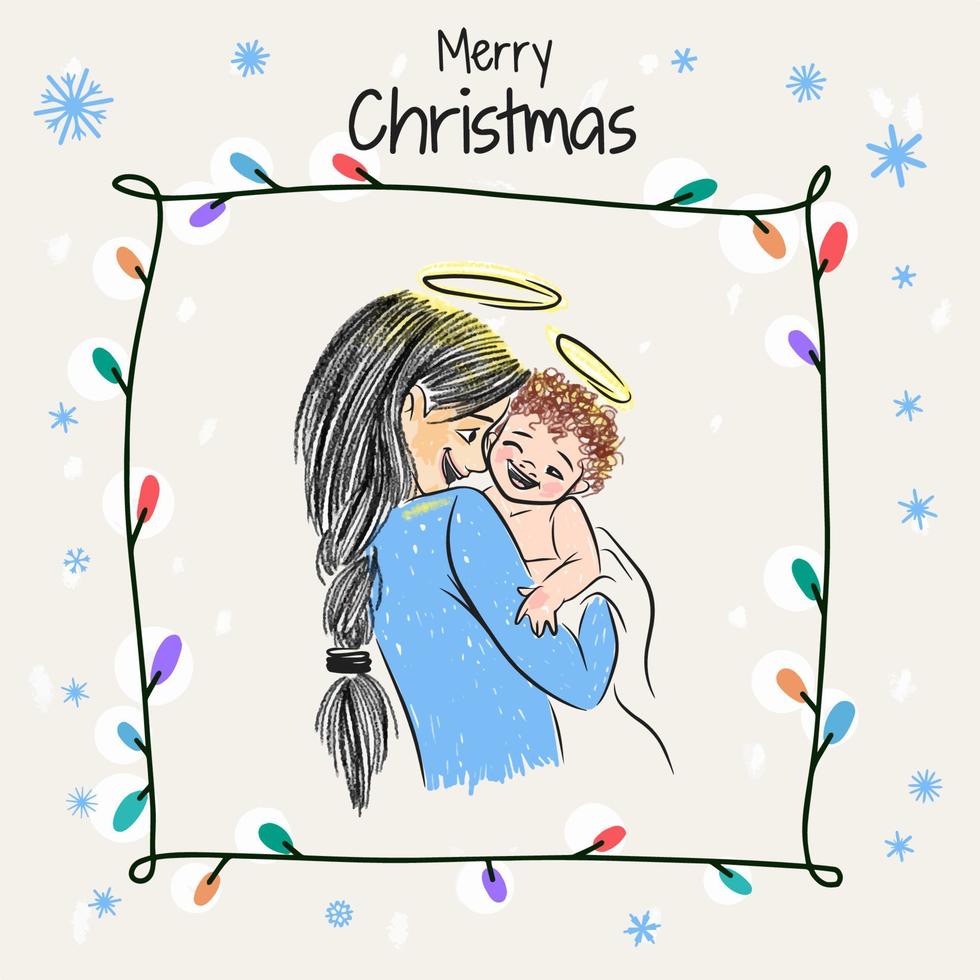 allegro Natale, mano disegnato illustrazione di un' bellissimo madre e bambino vettore
