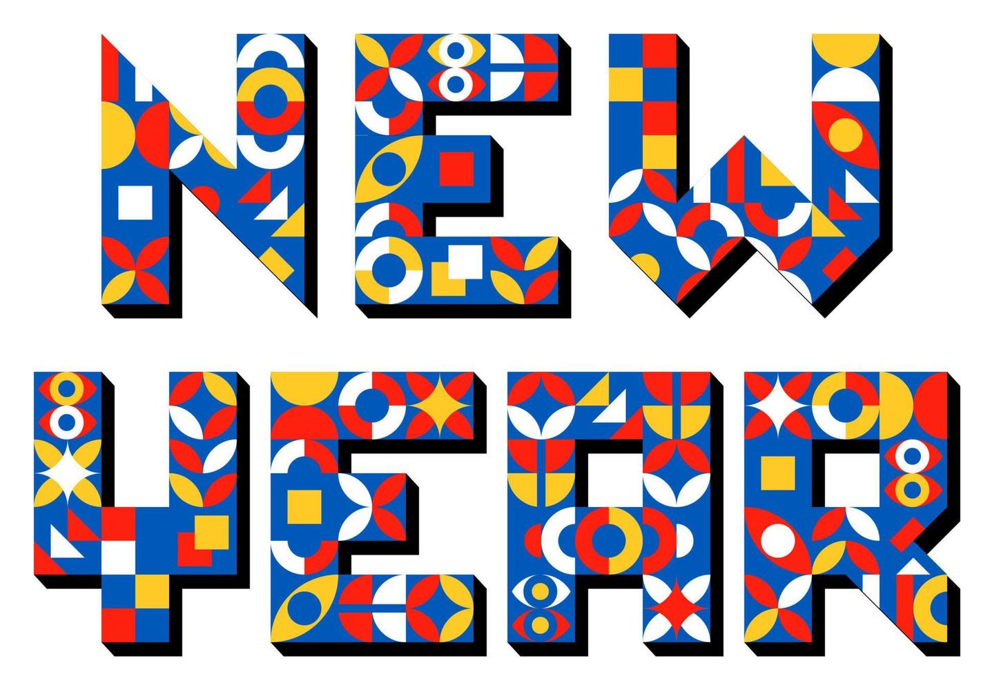 contento nuovo anno scipt nel brutalismo bauhaus stile. semplice geometrico forme mondrian neoplasticismo colori. retrò stilizzato mosaico font. pixel modello collage. minimalista carta bandiera vettore illustrazione