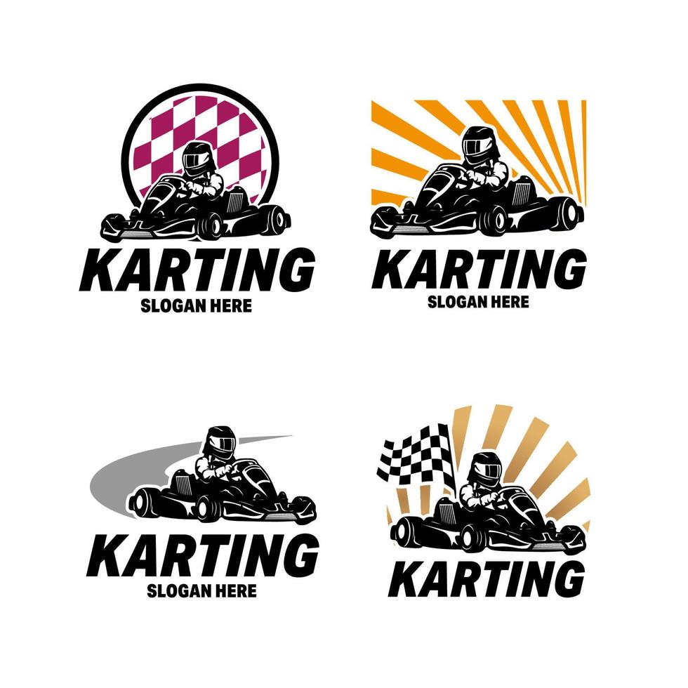 kart da corsa emblemi logo vettore illustrazione. kart corridore con casco logo design modello