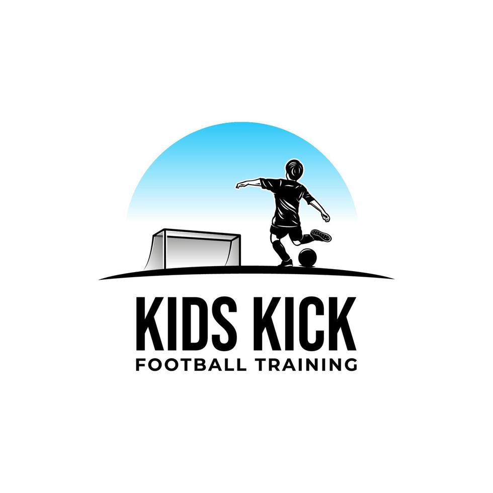 poco ragazzo calci un' sfera. bambini calcio gli sport formazione logo design modello vettore