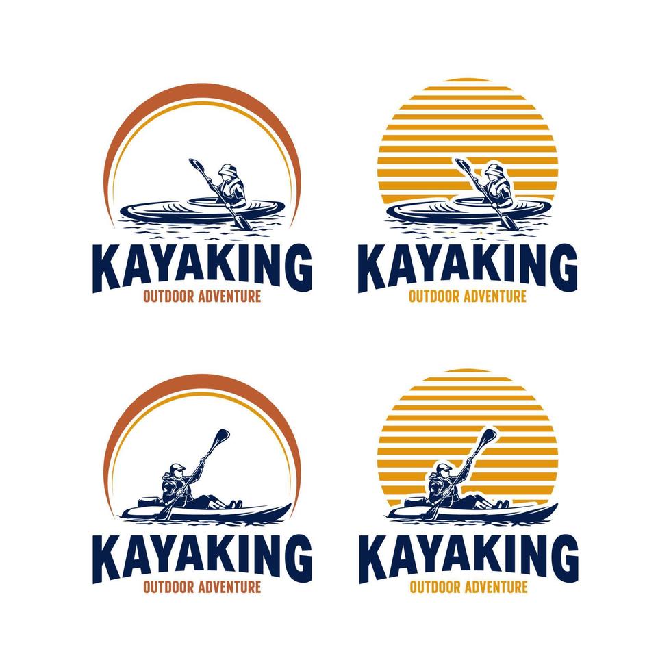 kayak barca pagaia pedale, silhouette di fiume ruscello kayak logo design vettore