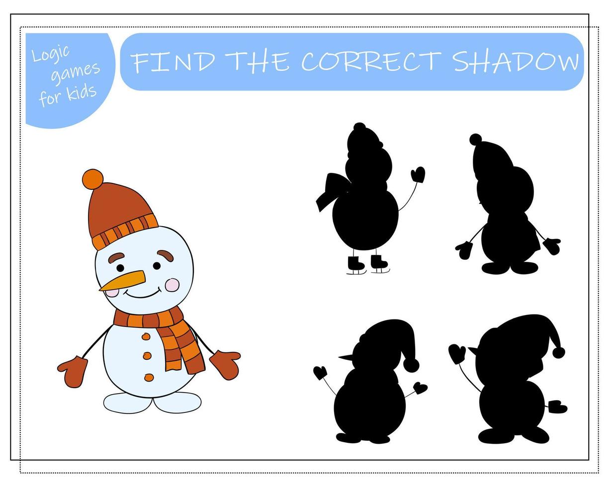un' logico gioco per bambini trova il giusto ombra, pupazzo di neve. vettore illustrazione.