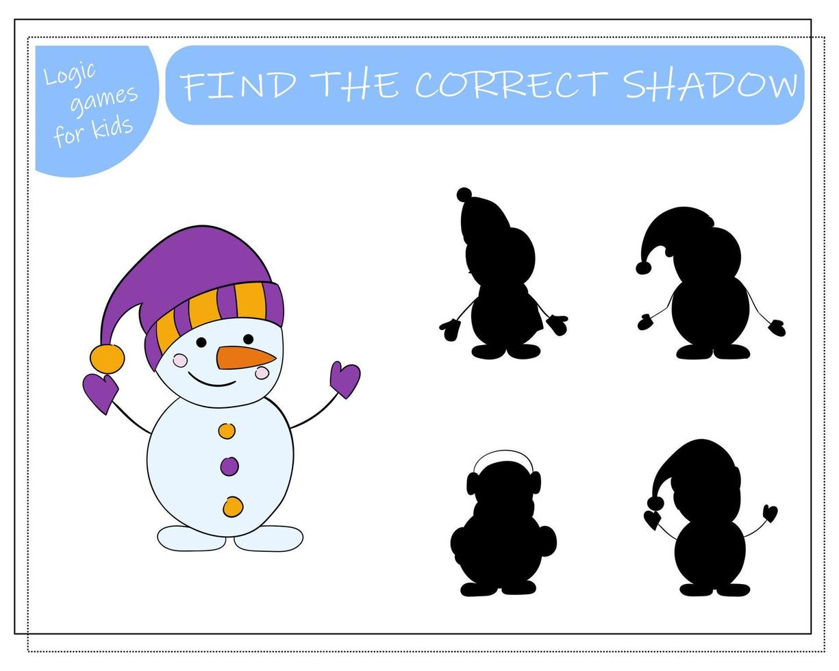 un' logico gioco per bambini trova il giusto ombra, pupazzo di neve. vettore illustrazione.
