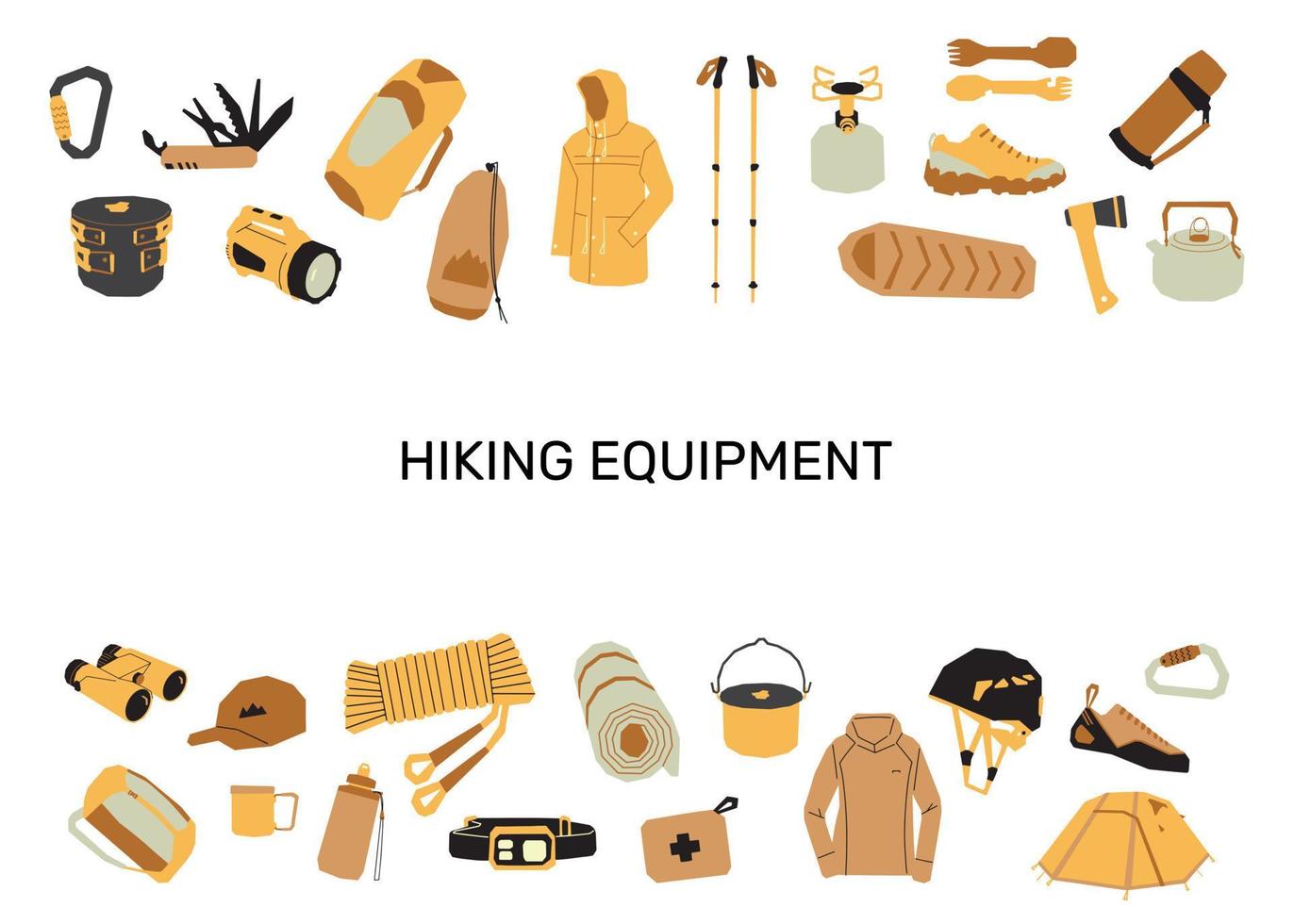 impostato di escursioni a piedi attrezzatura. elementi per campeggio, il trekking e arrampicata vettore