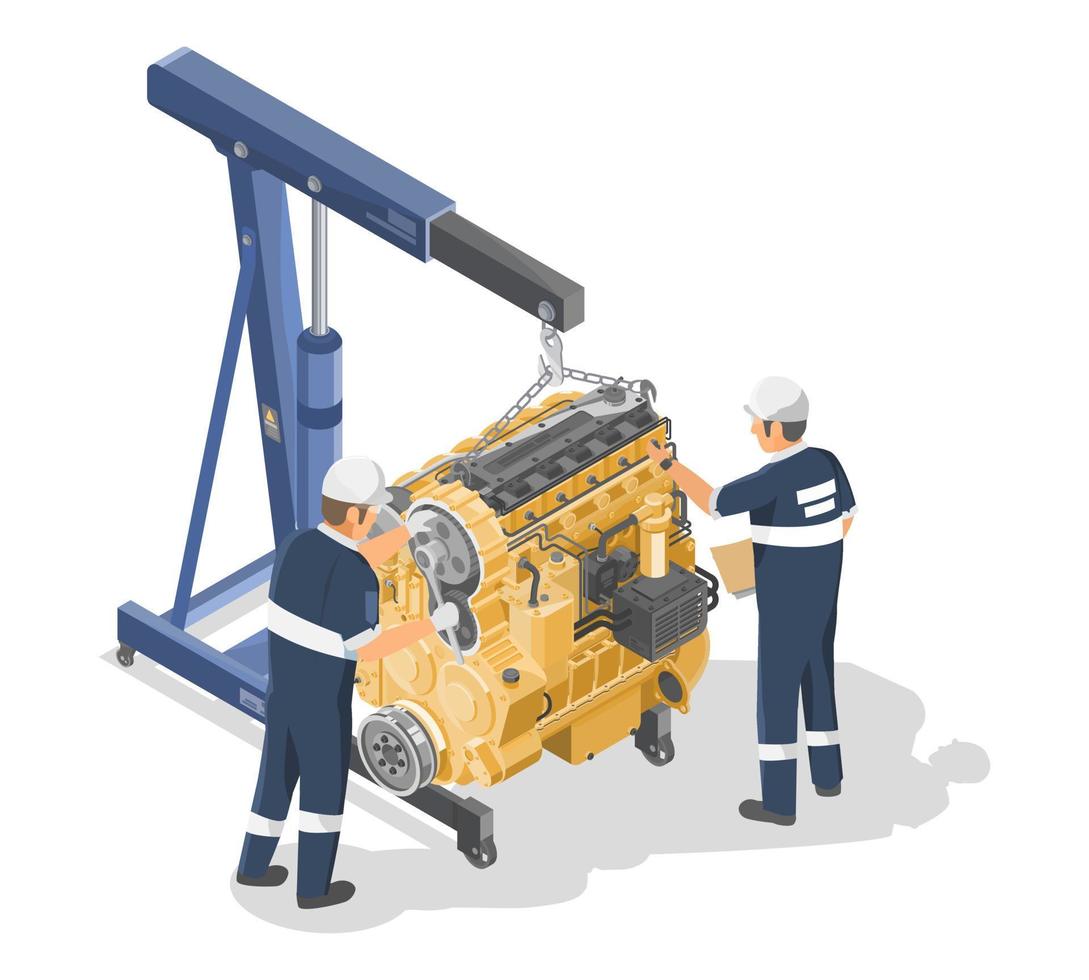 diesel motore il motore Manutenzione squadra servizio concetto isometrico per industria e costruzione attrezzatura giallo nel bianca isolato vettore