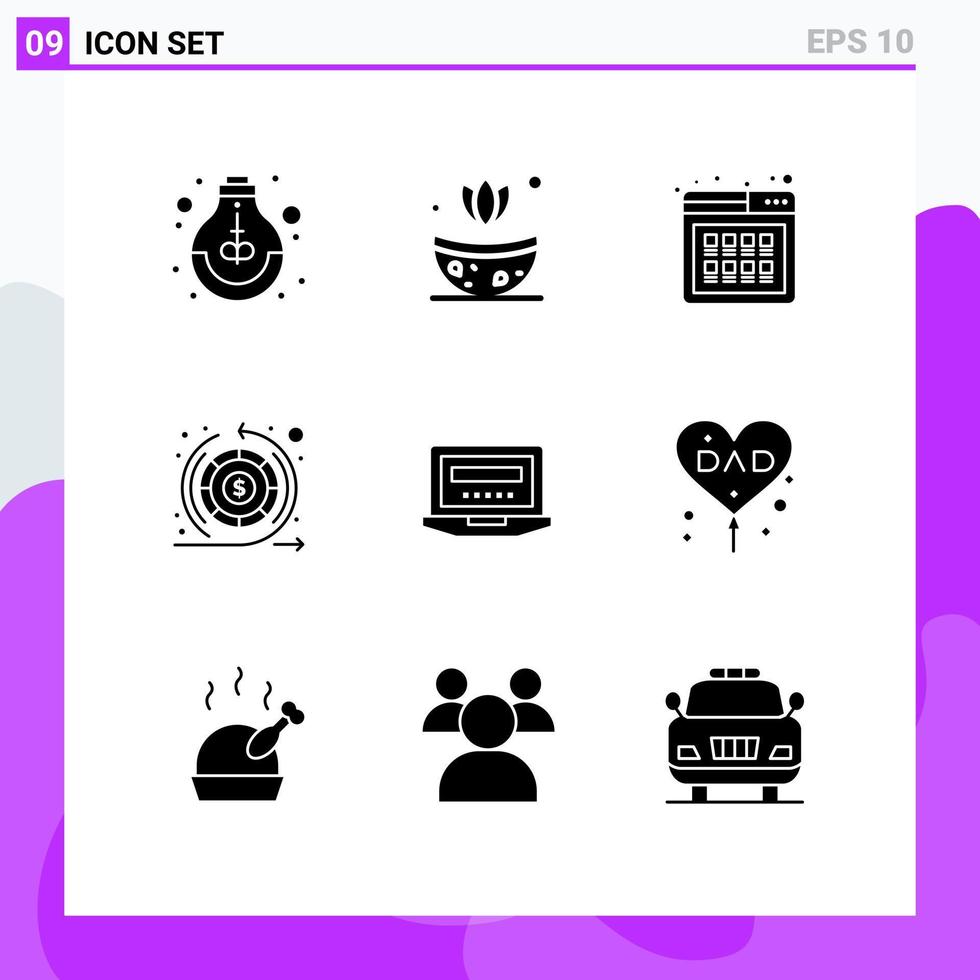 9 universale solido glifi impostato per ragnatela e mobile applicazioni il computer portatile ritorno acquistare i soldi Prodotto modificabile vettore design elementi