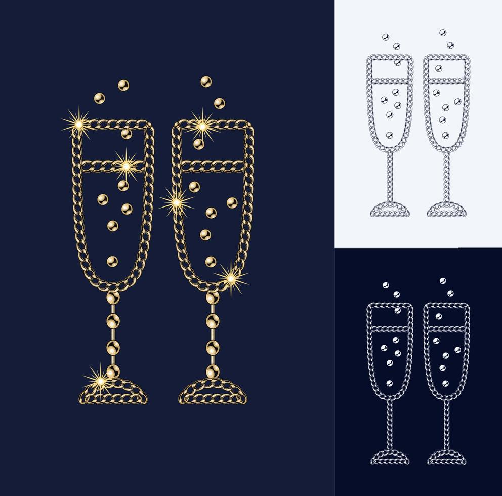Champagne bicchieri fatto di gioielleria oro catena, brillante palla perline elegante illustrazione per vacanze, Natale, nuovo anno, festa, compleanno, significativo eventi decorazione monocromatico nero e bianca versione vettore
