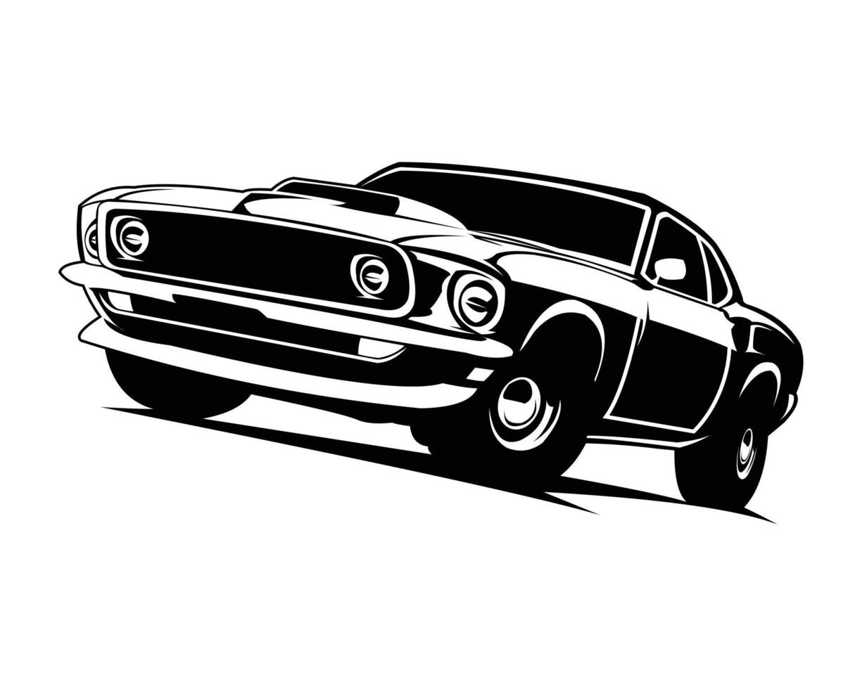 Anni '70 americano muscolo auto silhouette logo isolato Visualizza su bianca sfondo a partire dal davanti. migliore per il auto industria. vettore