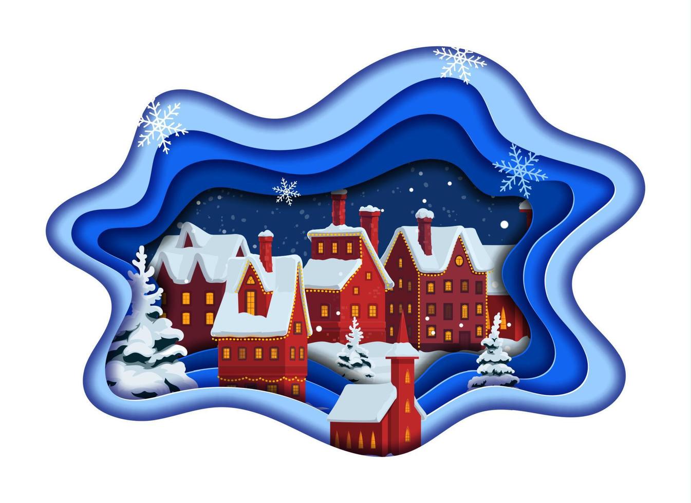 Natale carta tagliare, cartone animato nevoso cittadina nel inverno vettore