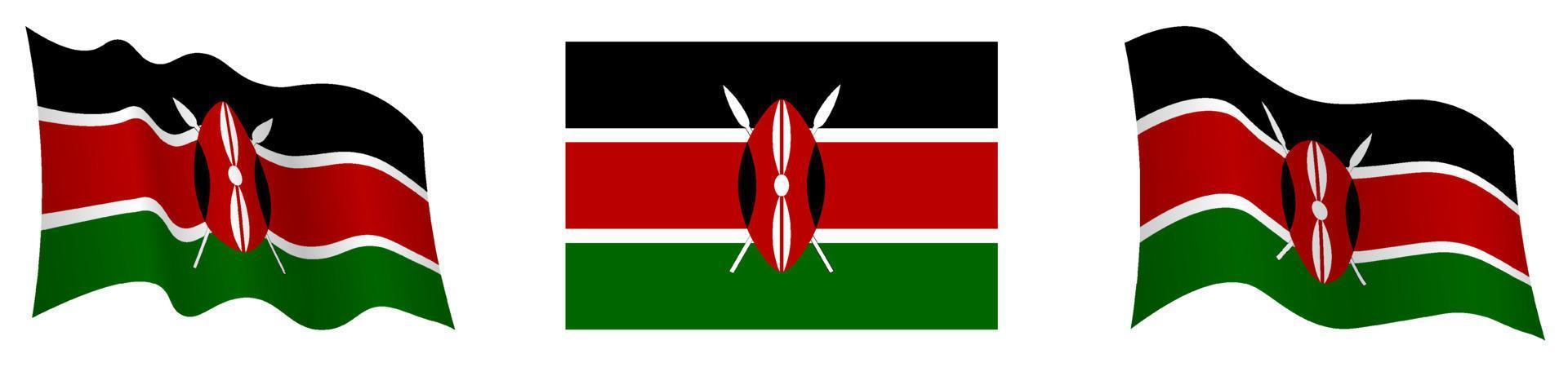 Kenia bandiera nel statico posizione e nel movimento, svolazzanti nel vento nel esatto colori e taglie, su bianca sfondo vettore