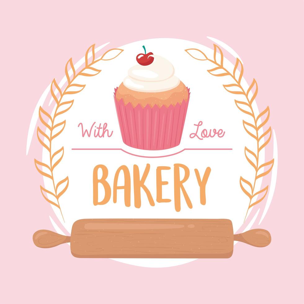 cupcake da forno e composizione emblema mattarello vettore