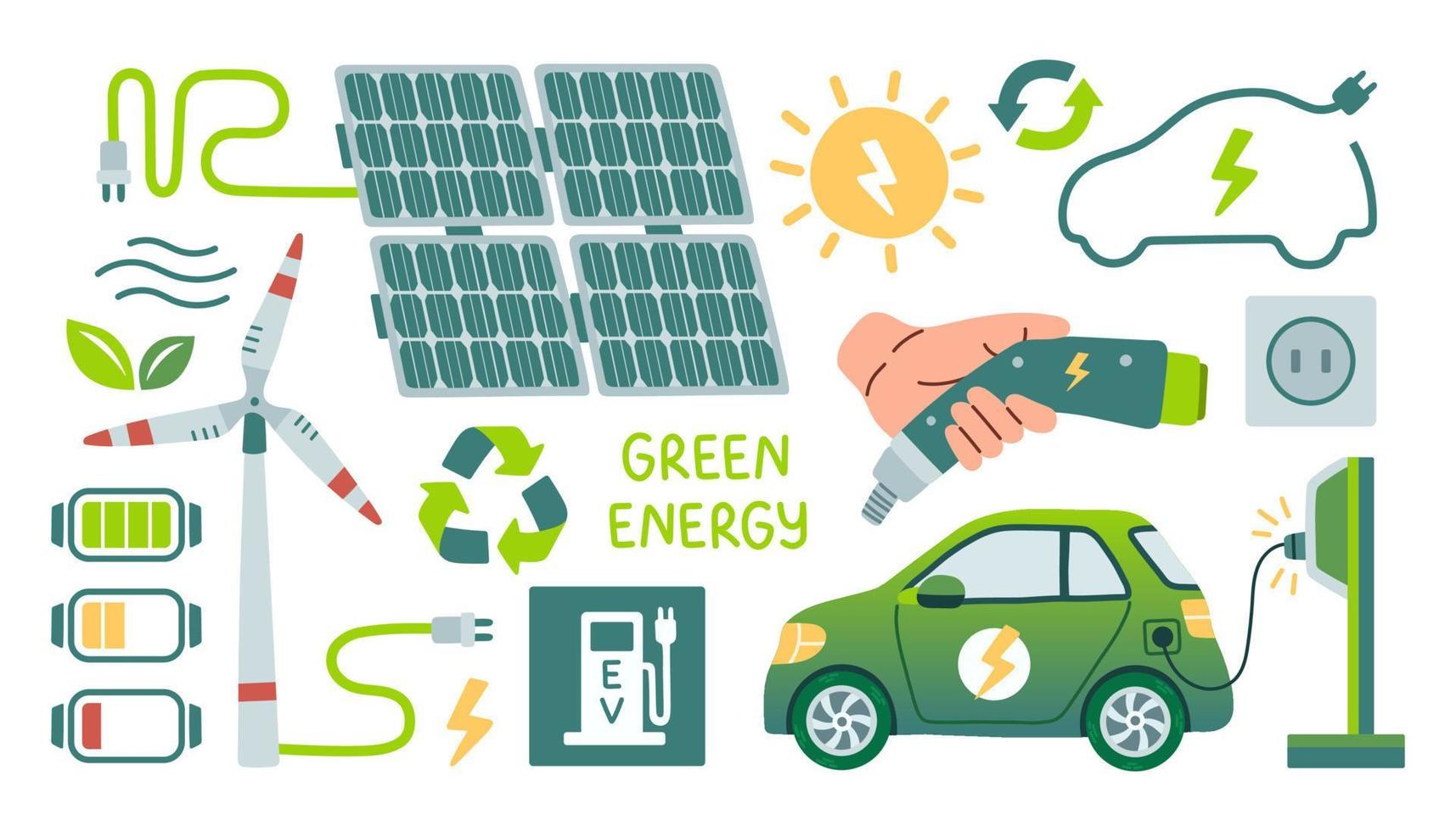 verde energia impostato isolato su bianca sfondo, vento Generatore e solare batteria, verde energia, elettrico auto e ricarica, solare motorizzato Casa. vettore illustrazione