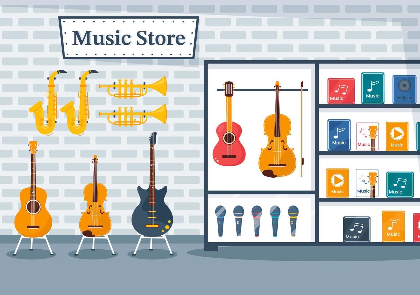 musica memorizzare con vario musicale strumenti, CD, cassetta nastri e Audio registrazioni nel piatto stile cartone animato mano disegnato modello illustrazione vettore