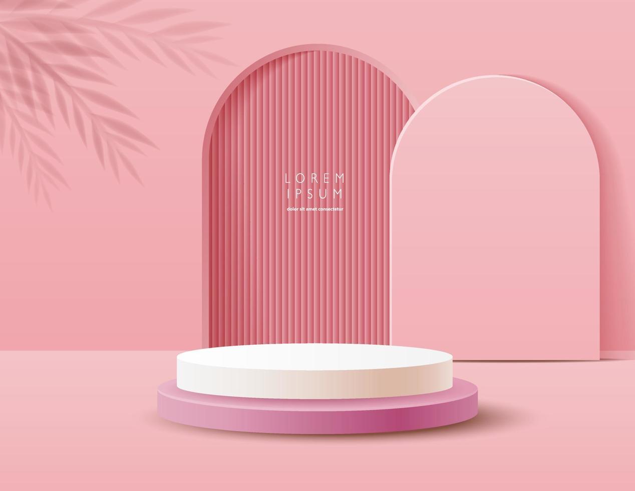 astratto rosa 3d camera con realistico rosa e bianca cilindro piedistallo podio. podio per modello prodotti, vetrina palcoscenico, promozione Schermo. vettore illustrazione
