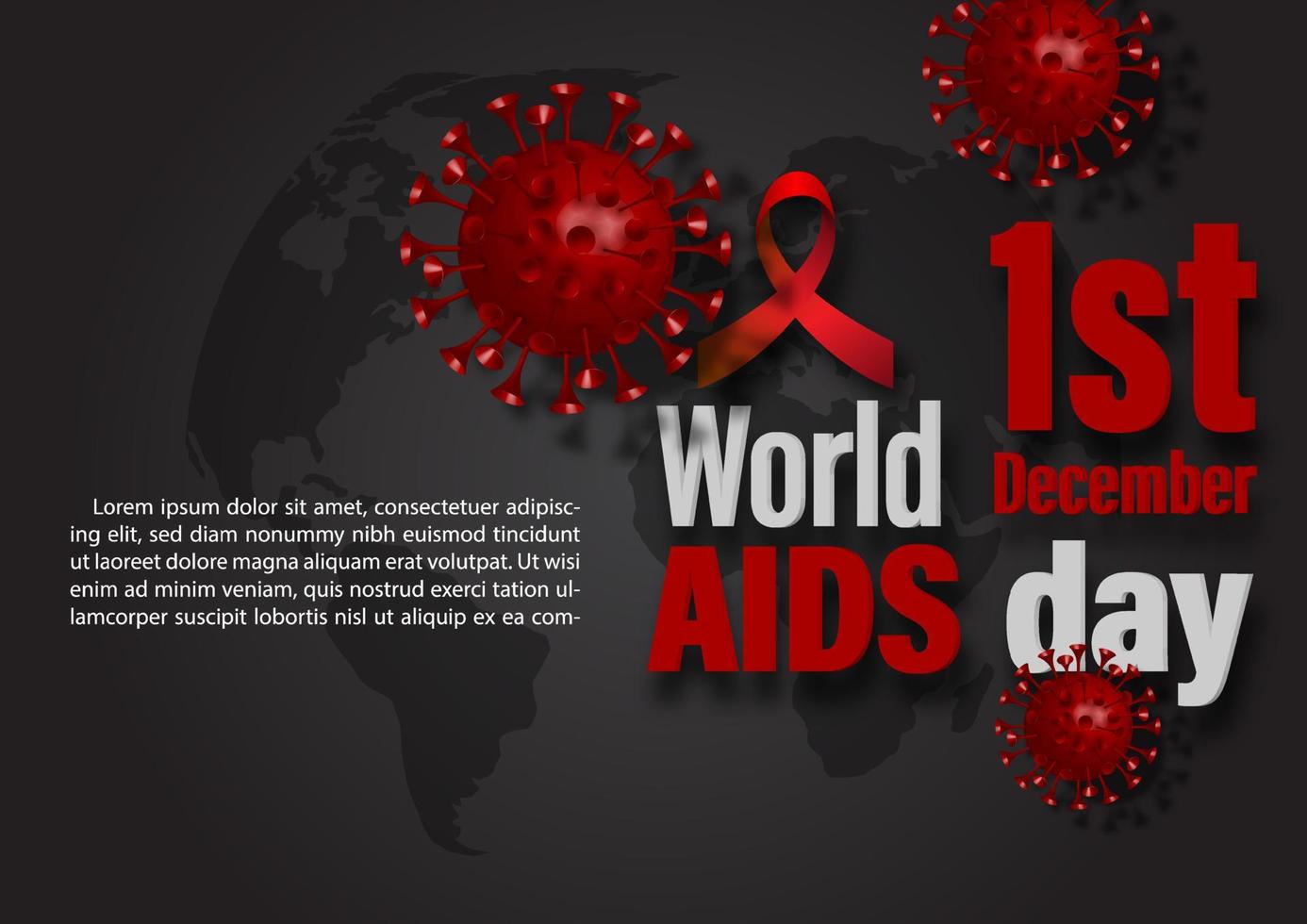 formulazione design di mondo AIDS giorno con rosso nastro e hiv virus nel 3d stile, esempio testi su nero sfondo. mondo AIDS giorno campagna manifesto nel 3d e vettore design.