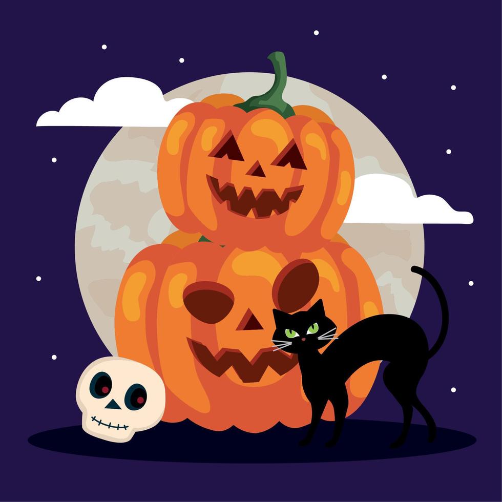 zucche di halloween e gatto vettore