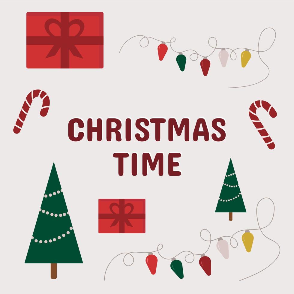 Natale carta con Natale albero, regalo, caramella canna, ghirlanda e testo Natale tempo vettore