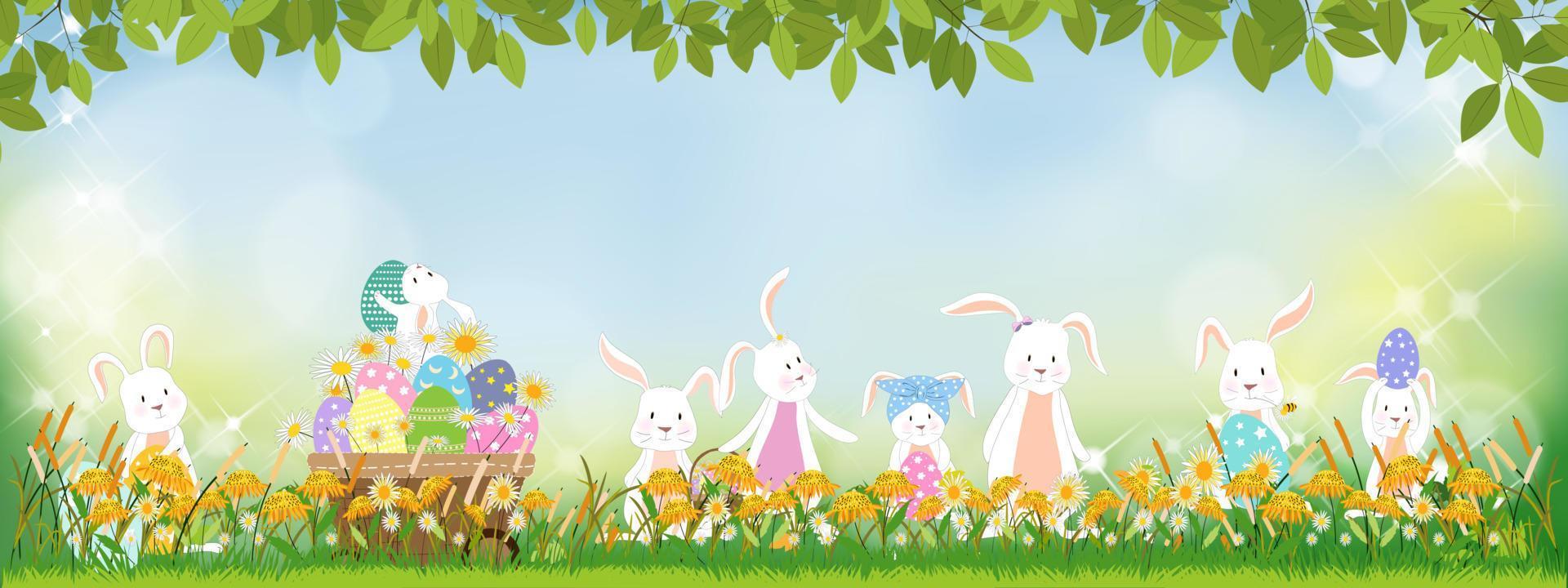 Pasqua saluto carta, carino coniglietto a caccia Pasqua uova su erba campo su soleggiato giorno primavera, vettore carino cartone animato conigli e hunny api volante nel erba campo con sfocato bokeh leggero effetto sfondo