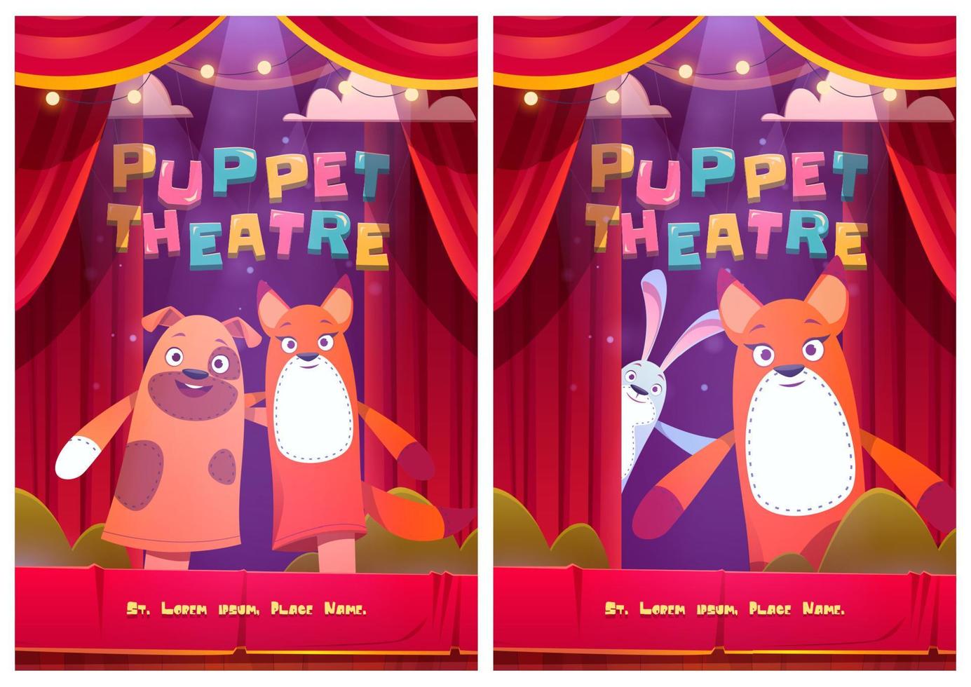 fantoccio Teatro manifesti con animali bambole vettore