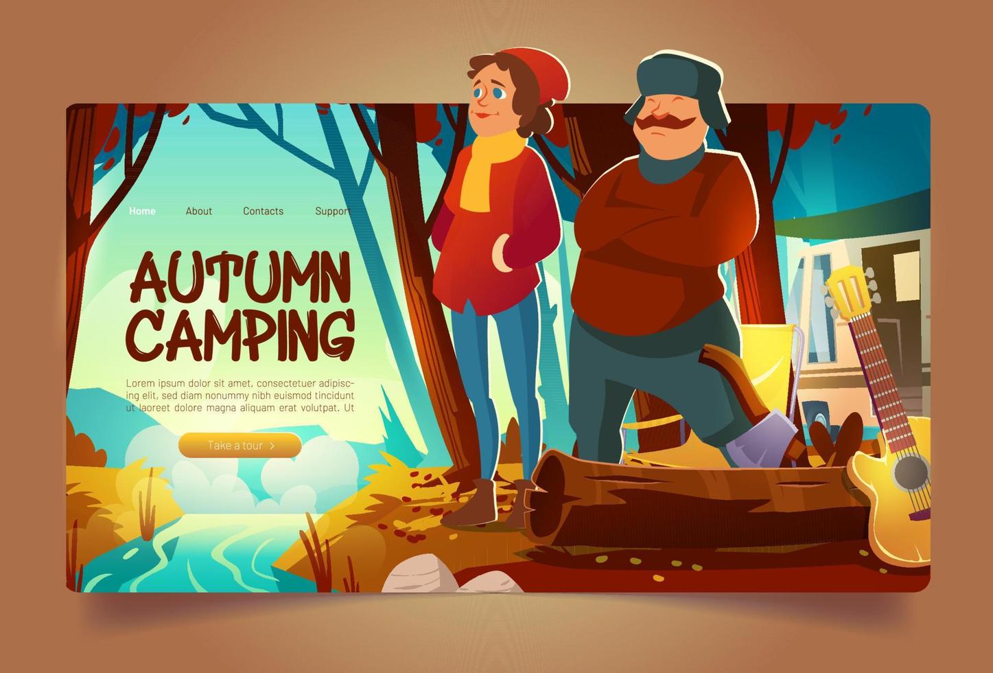 autunno campeggio sito web con foresta e ruscello vettore