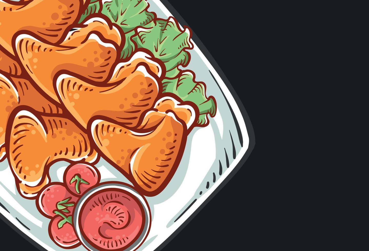 pollo ala piatto illustrazione avvicinamento a partire dal il superiore Visualizza. pollo disegnato a mano cibo nel pieno colore isolato nel nero. colorato pollo disegno vettore design sfondo