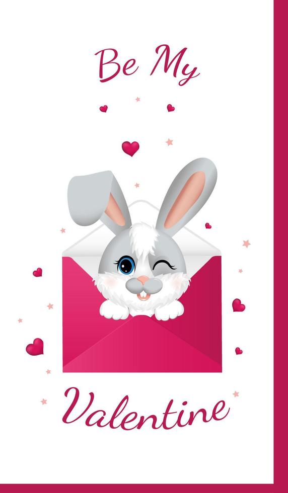 contento San Valentino giorno. saluto cartolina con rosa cuori e poco coniglio o lepre, strizza l'occhio guardare su di il Busta. vettore
