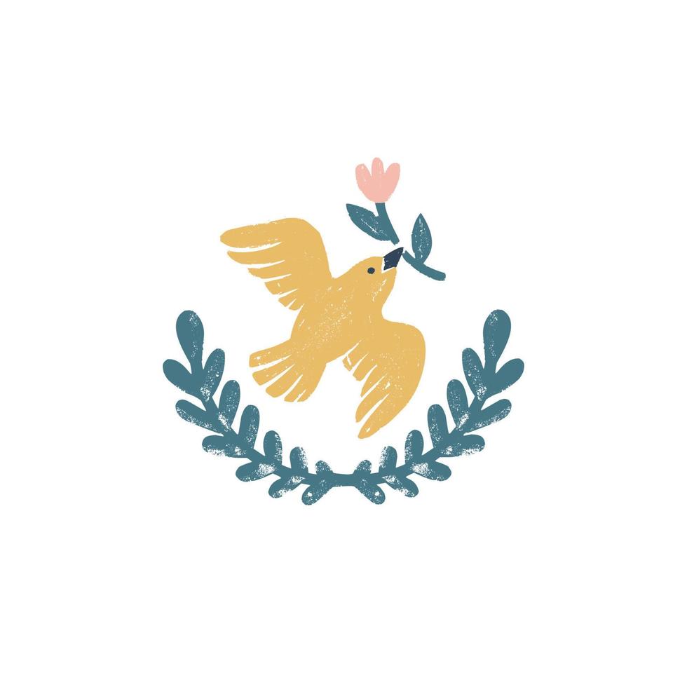 pace colomba vettore logo - un' Vintage ▾ fatto a mano icona con uccello e ghirlanda nel francobollo Stampa stile. Vintage ▾ vettore illustrazione.