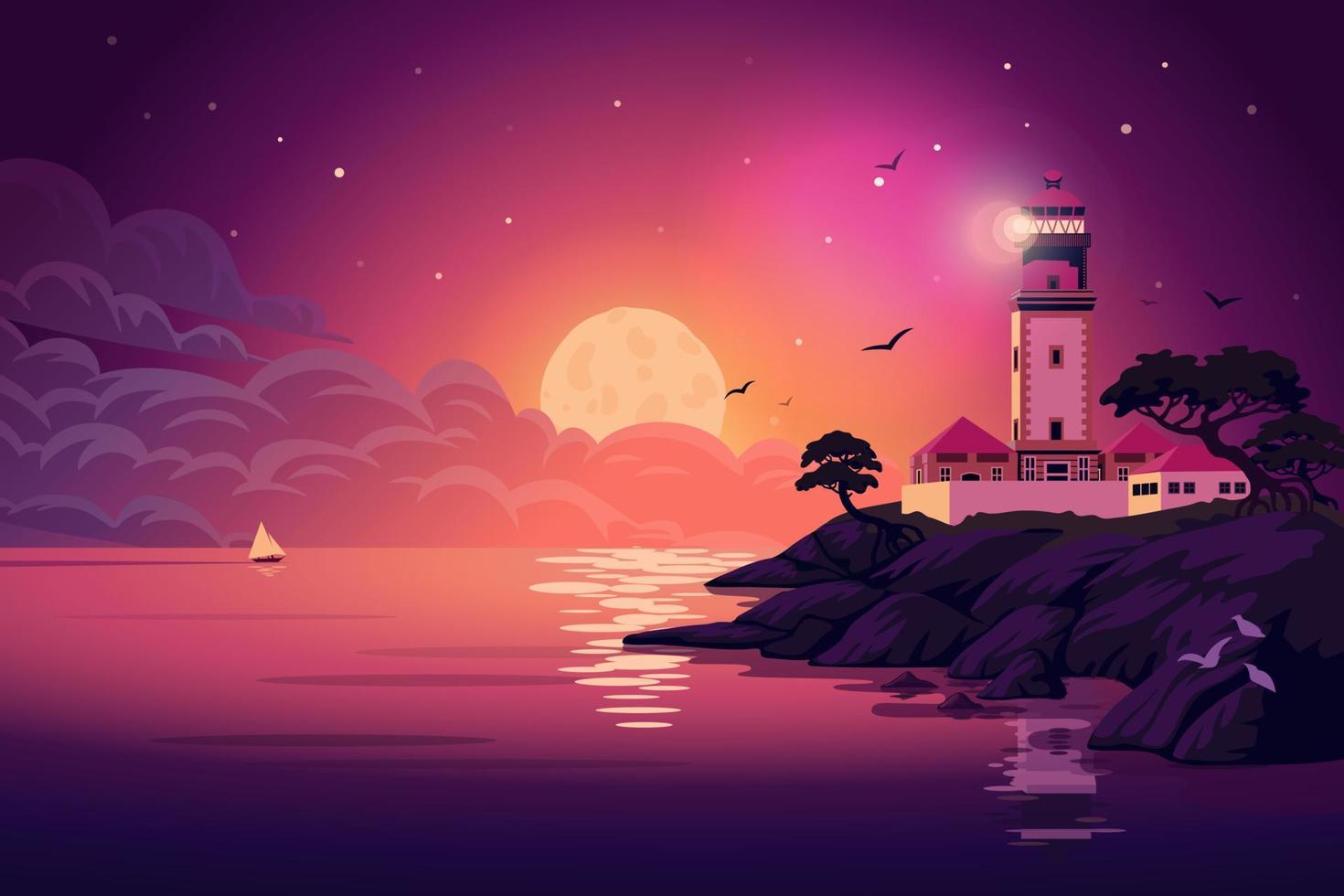 faro - vettore paesaggio. mare paesaggio con faro su il scogliera a notte. vettore orizzontale illustrazione nel piatto cartone animato stile