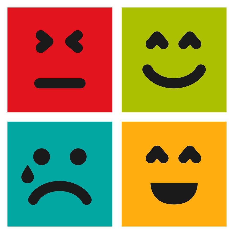 impostato di quattro colorato emoticon con sorridente, pianto e insoddisfatto facce. emoji icona nel quadrato. piatto sfondo modello. vettore illustrazione