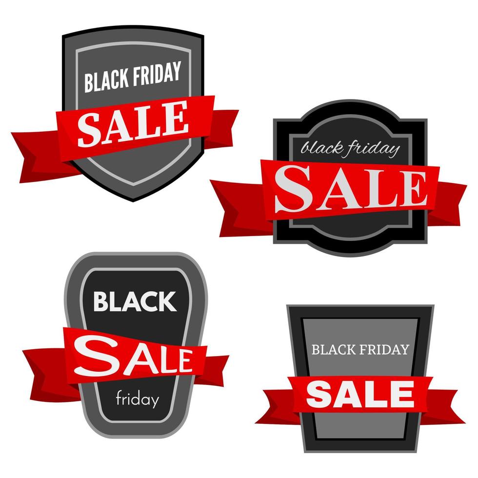 impostato di quattro nero Venerdì vendita badge con rosso nastro su un' bianca sfondo. vettore illustrazione