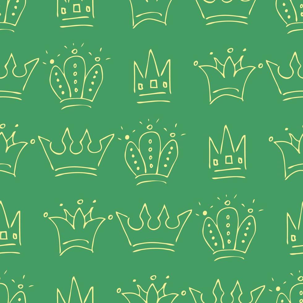 mano disegnato corone. senza soluzione di continuità modello di semplice graffiti schizzo Regina o re corone. reale imperiale incoronazione e monarca simboli vettore