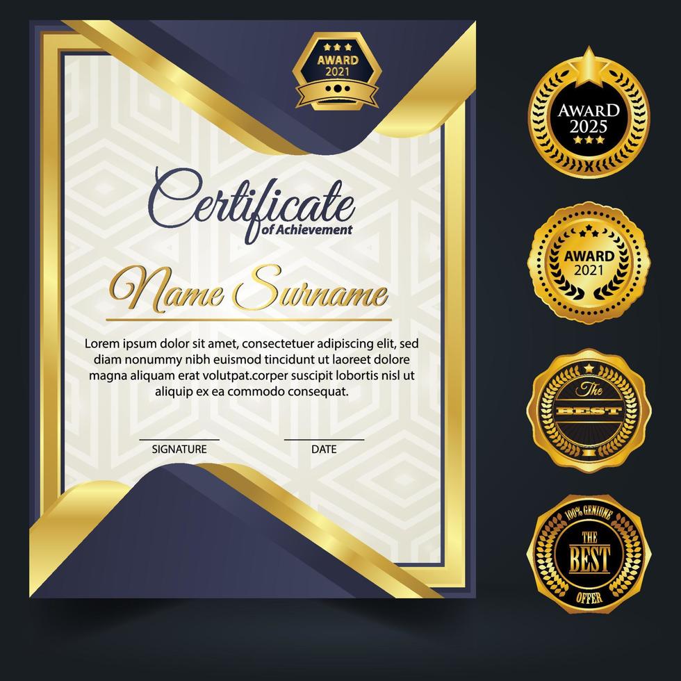 modello di certificato di colore blu e oro. certificato di conseguimento con badge d'oro vettore