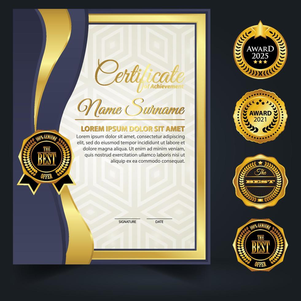 modello di certificato di colore blu e oro. certificato di conseguimento con badge d'oro vettore