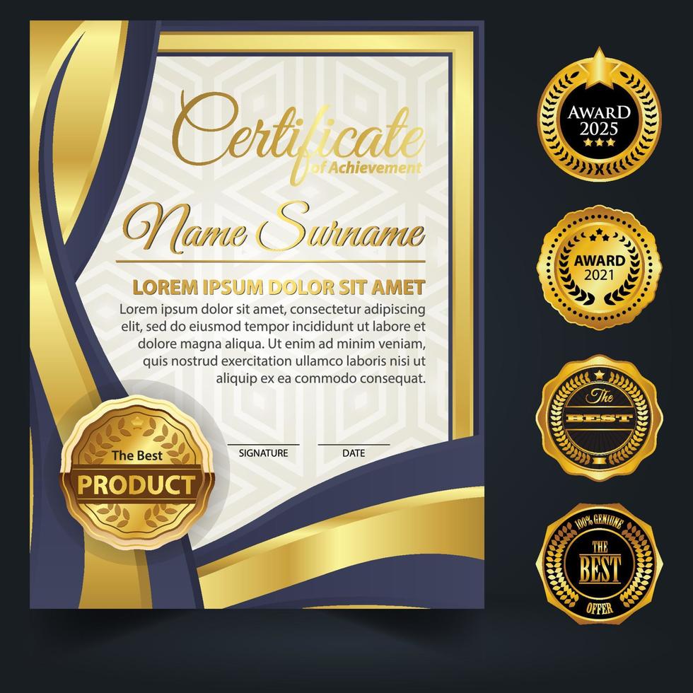 modello di certificato di colore blu e oro. certificato di conseguimento con badge d'oro vettore