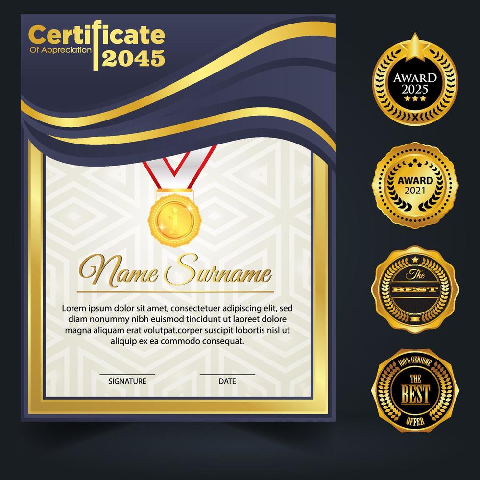 modello di certificato di colore blu e oro. certificato di conseguimento con badge d'oro vettore