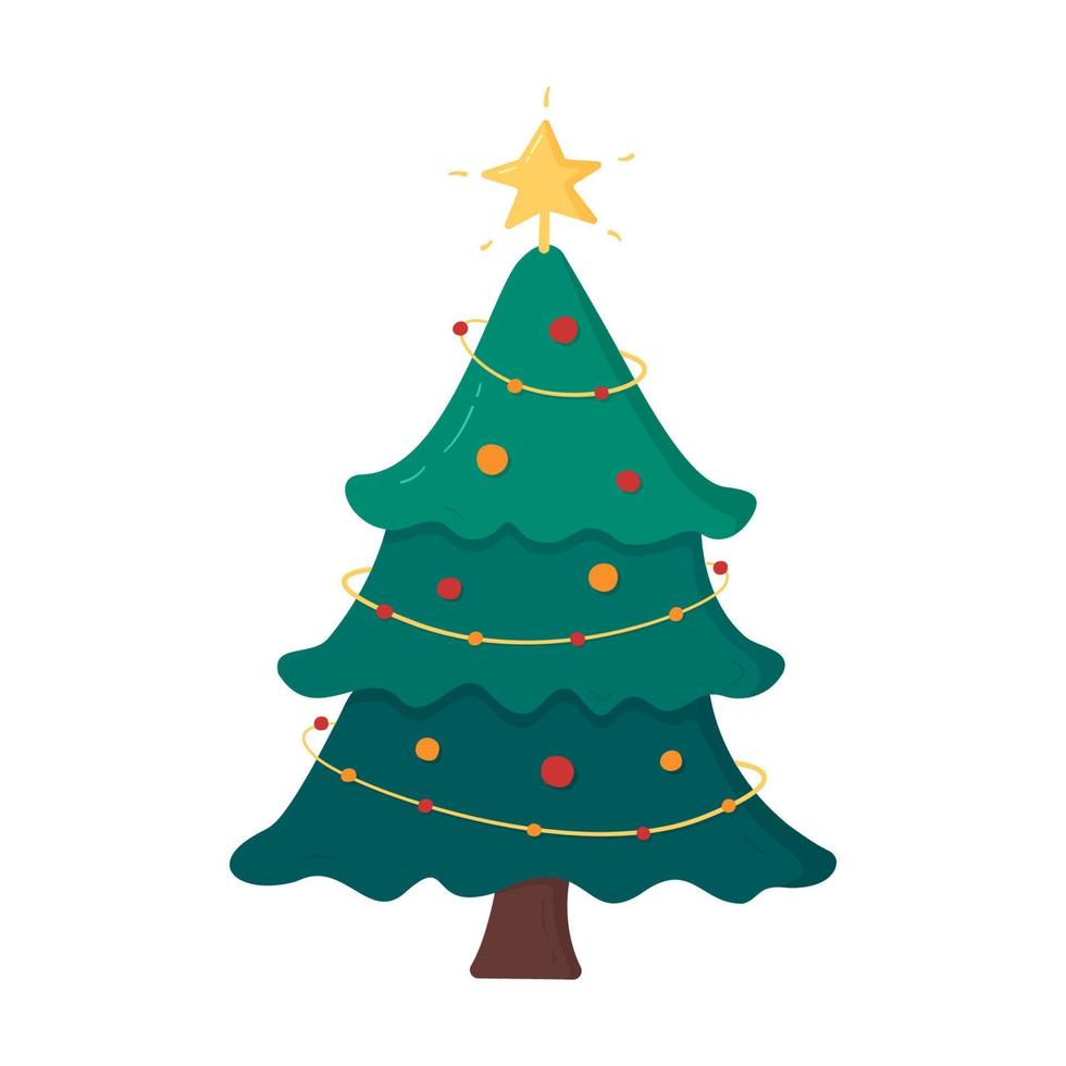 Natale albero con stella, ghirlanda e decorazioni. tradizionale nuovo anno simbolo nel cartone animato stile. vettore illustrazione isolato su bianca sfondo