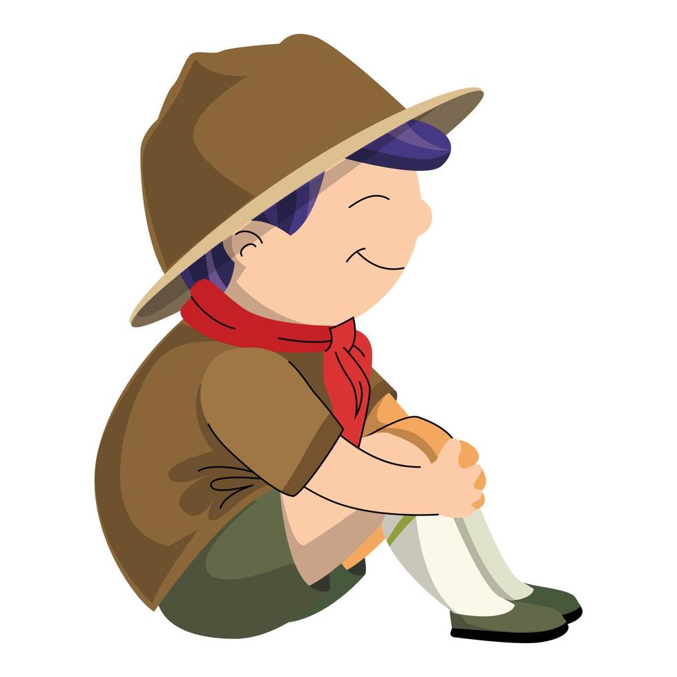 esploratore ragazzo seduta icona, cartone animato stile vettore