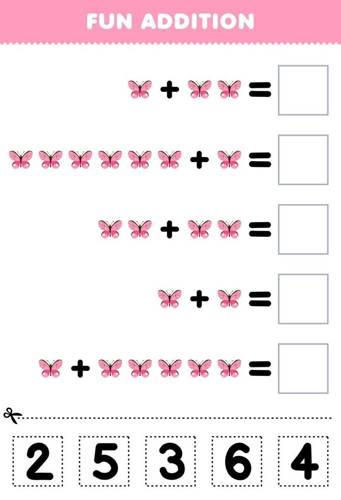 formazione scolastica gioco per bambini divertimento aggiunta di tagliare e incontro corretta numero per carino cartone animato farfalla stampabile insetto foglio di lavoro vettore