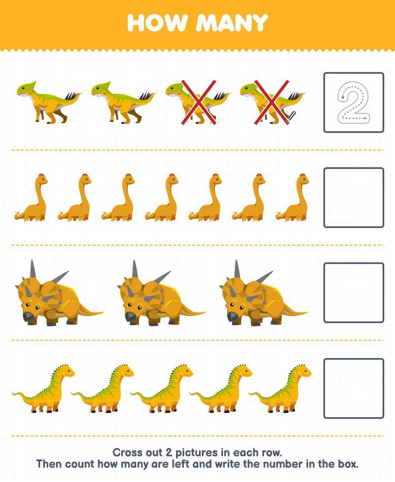 formazione scolastica gioco per bambini contare Come molti carino cartone animato giallo dino e Scrivi il numero nel il scatola stampabile preistorico dinosauro foglio di lavoro vettore