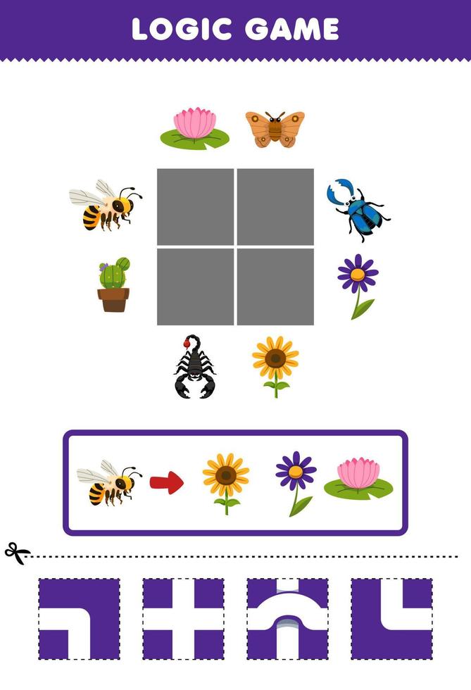 formazione scolastica gioco per bambini logica puzzle costruire il strada per ape mossa per fiore stampabile insetto foglio di lavoro vettore