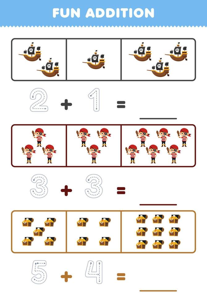 formazione scolastica gioco per bambini divertimento aggiunta di conteggio e tracciato il numero di carino cartone animato nave pirata Tesoro il petto stampabile Halloween foglio di lavoro vettore