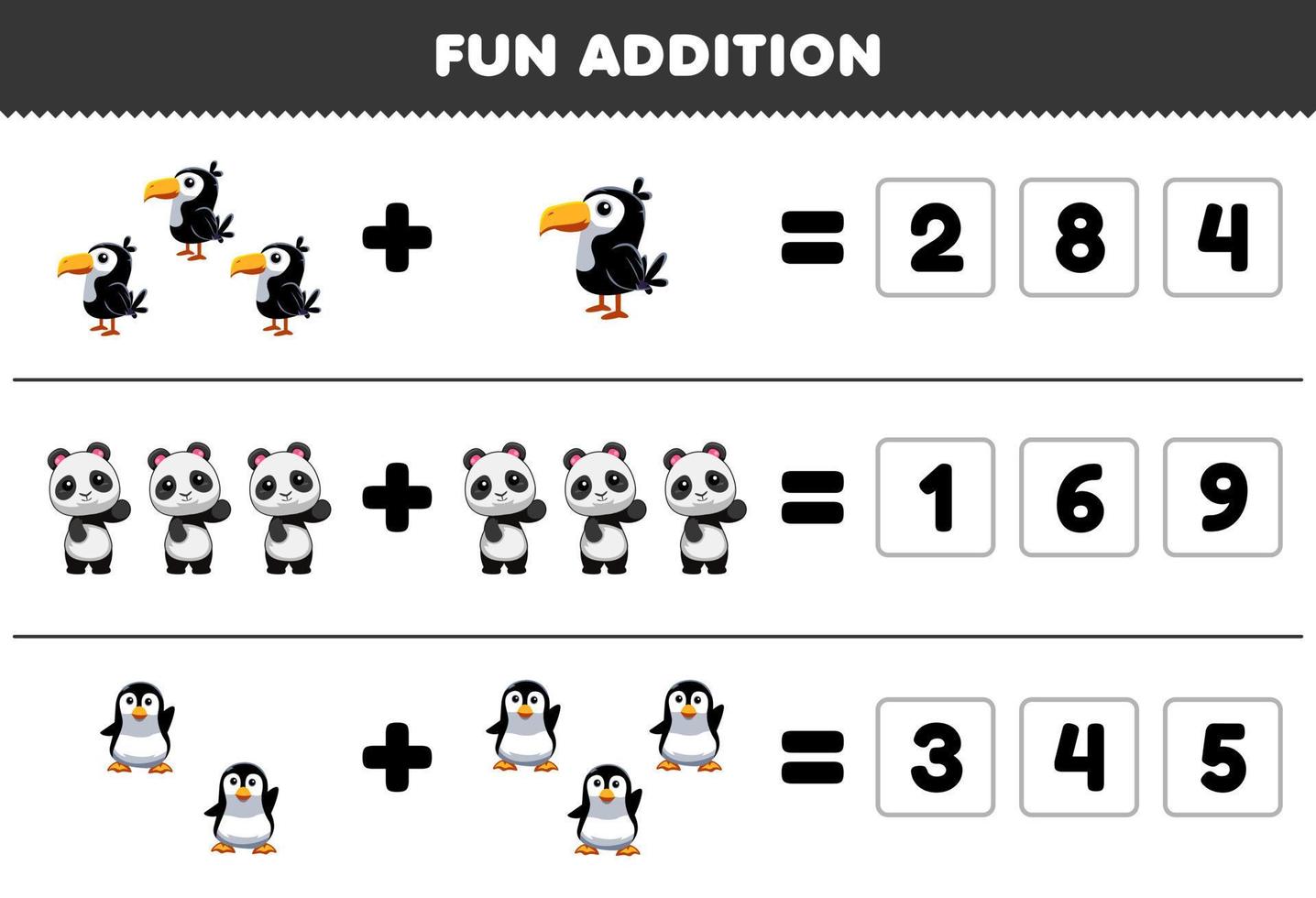 formazione scolastica gioco per bambini divertimento aggiunta di indovina il corretta numero di carino cartone animato tucano panda pinguino stampabile animale foglio di lavoro vettore