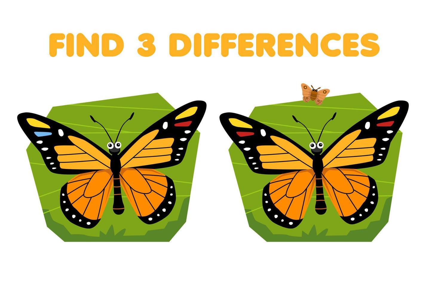 formazione scolastica gioco per bambini trova tre differenze fra Due carino cartone animato farfalla stampabile insetto foglio di lavoro vettore