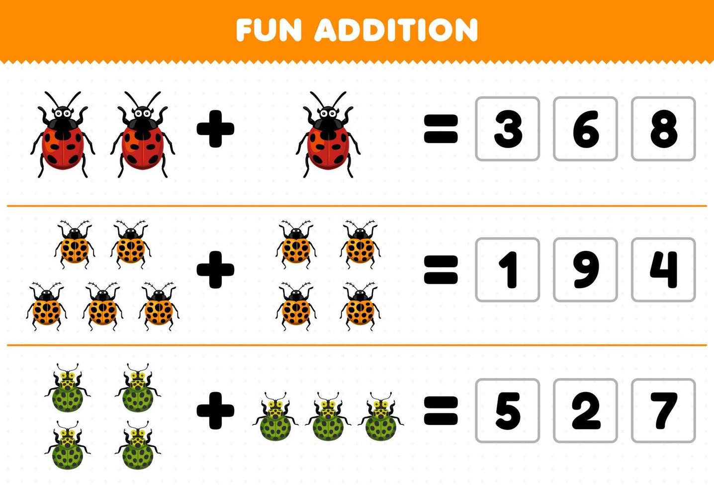 formazione scolastica gioco per bambini divertimento aggiunta di indovina il corretta numero di carino cartone animato coccinella stampabile insetto foglio di lavoro vettore