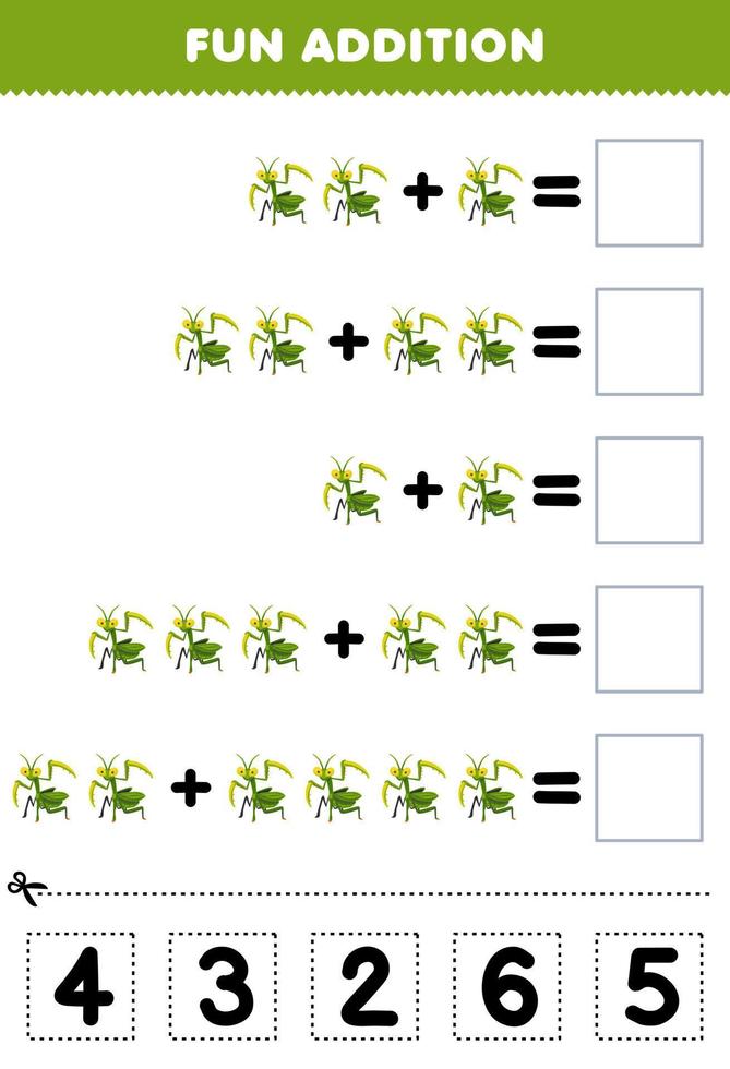 formazione scolastica gioco per bambini divertimento aggiunta di tagliare e incontro corretta numero per carino cartone animato mantide stampabile insetto foglio di lavoro vettore