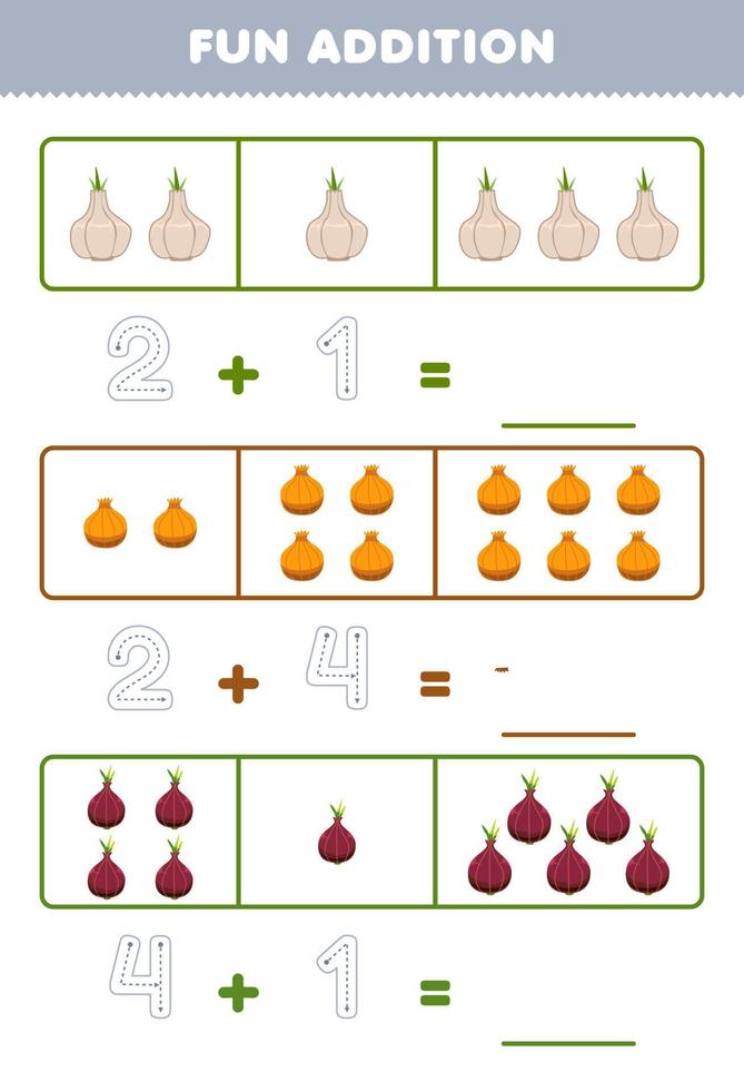 formazione scolastica gioco per bambini divertimento aggiunta di conteggio e tracciato il numero di carino cartone animato aglio cipolla scalogno stampabile verdura foglio di lavoro vettore