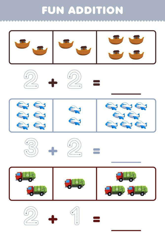 formazione scolastica gioco per bambini divertimento aggiunta di conteggio e tracciato il numero di carino cartone animato arca aereo spazzatura camion stampabile mezzi di trasporto foglio di lavoro vettore